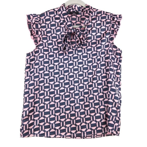 Tamara H. Womens Ruffle Cap Sleeve Blouse Size M Black/Pink Geo Print V-Neck Tie - Picture 1 of 13